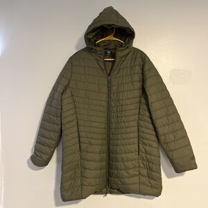 NEW BALANCE Women's Quilted Long Puffer Parka Jacket Full Zipper Dark Green XL